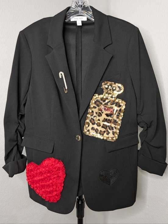 Handmade Jackets & Blazers - Nine West Black Embellished Blazer with Red Heart & Leopard Perfume Patch